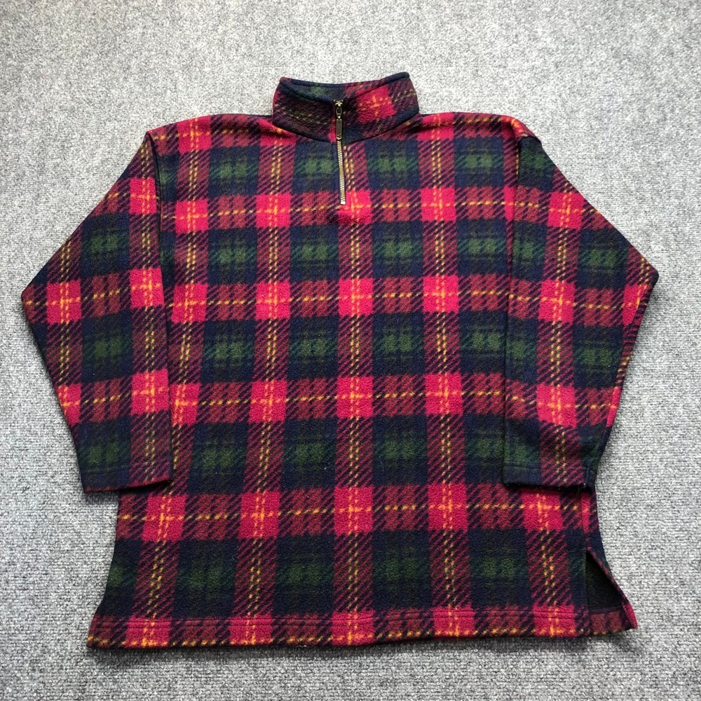 Best United Garment Co Mens Large Plaid Quarter Zip Fleece Pullover Red Navy